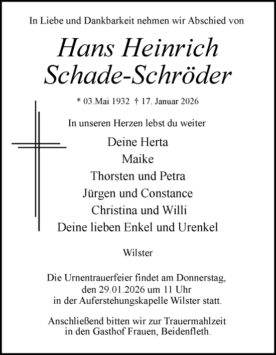 Traueranzeige von Hans Heinrich Schade-Schröder von Norddeutsche Rundschau, Wilstersche Zeitung, Glückstädter Fortuna