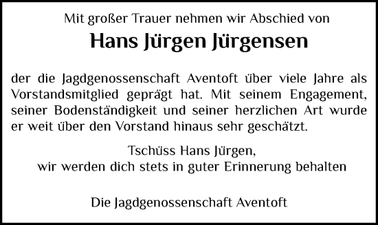 Traueranzeige von Hans Jürgen Jürgensen von Husumer Nachrichten, Nordfriesland Tageblatt