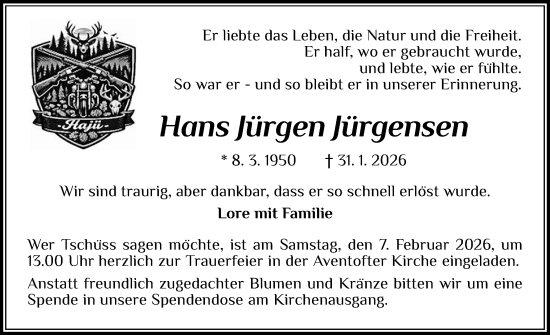Traueranzeige von Hans Jürgen Jürgensen von Husumer Nachrichten, Nordfriesland Tageblatt