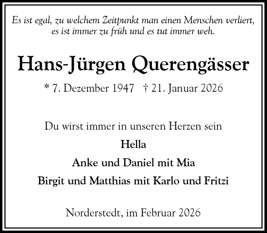 Traueranzeige von Hans Jürgen Querengässer von Heimatspiegel