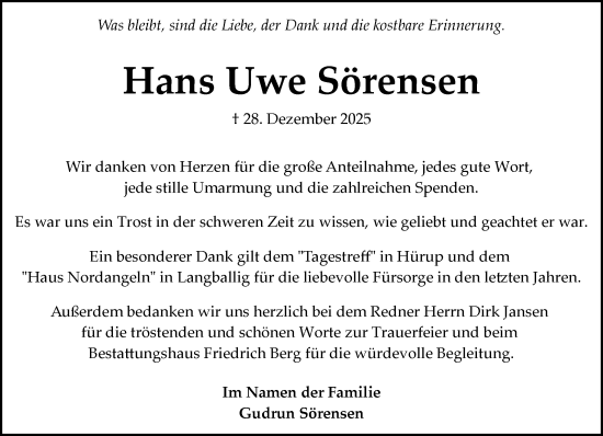 Traueranzeige von Hans Uwe Sörensen von Flensburger Tageblatt
