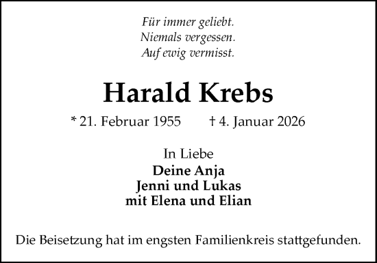 Traueranzeige von Harald Krebs von Flensburger Tageblatt