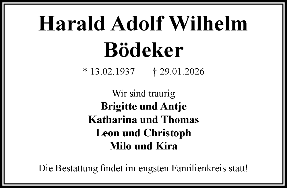  Traueranzeige für Harald Adolf Wilhelm Bödeker vom 07.02.2026 aus MARKT Glinde/Reinfeld
