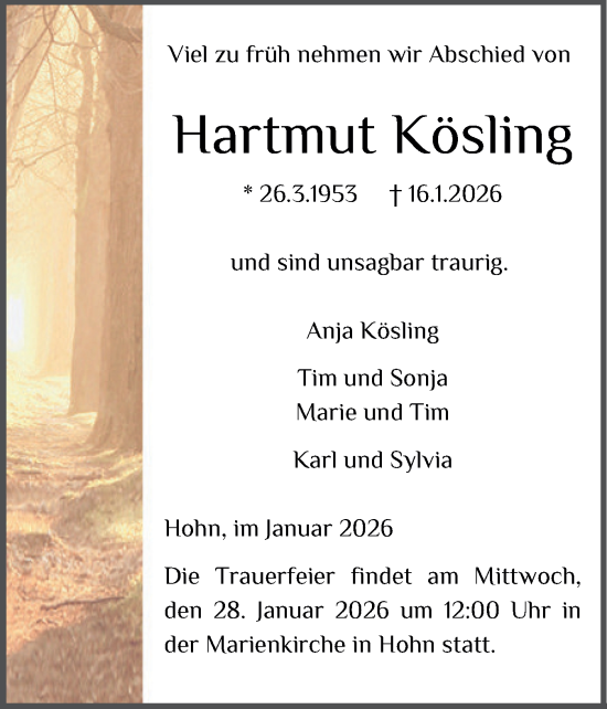 Traueranzeige von Hartmut Kösling von Schleswig-Holsteinische Landeszeitung