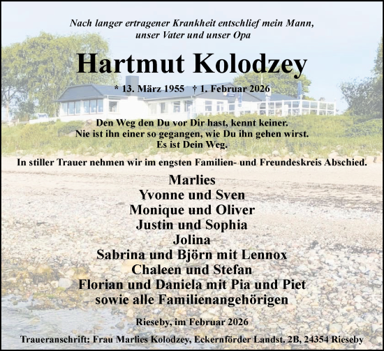 Traueranzeige von Hartmut Kolodzey von Eckernförder Zeitung, Hallo Eckernförde