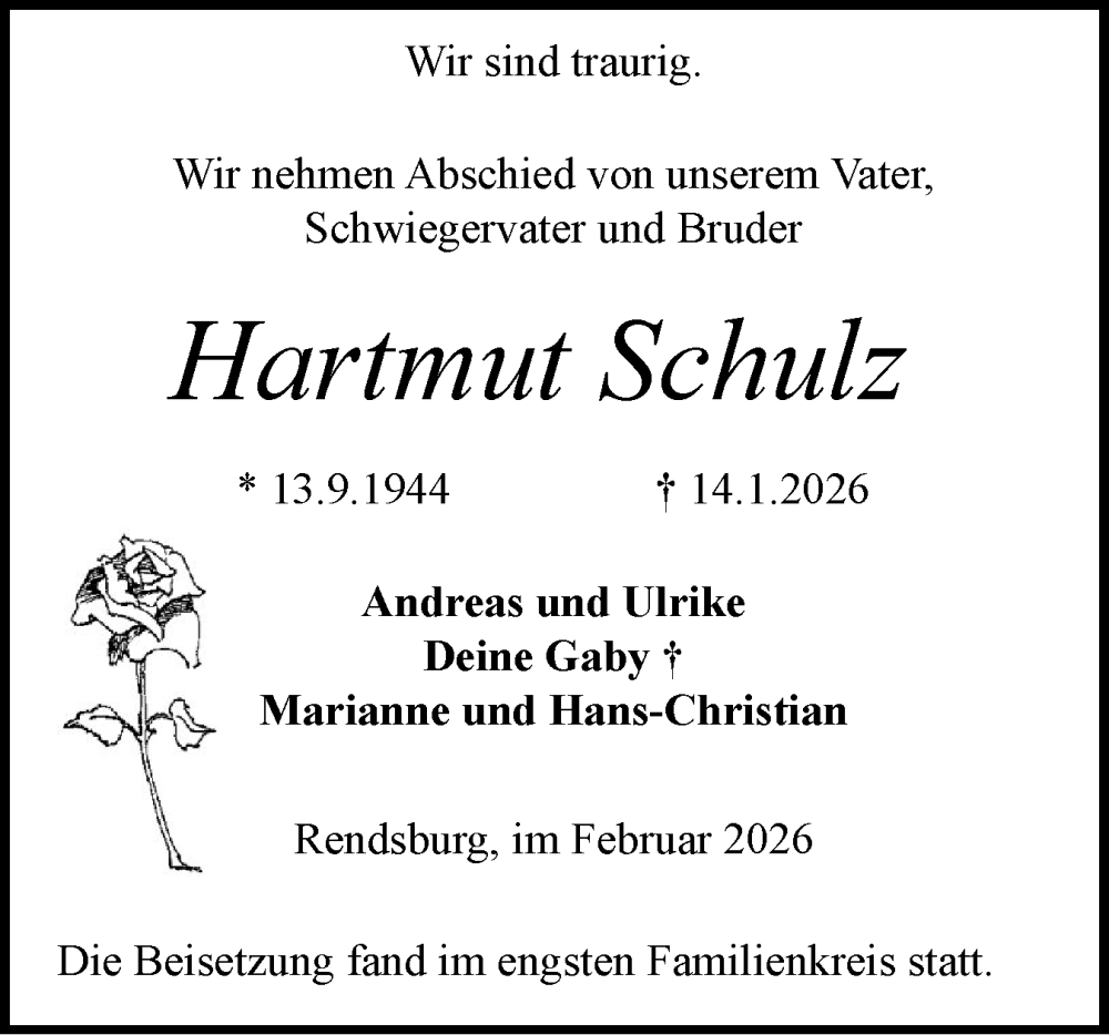  Traueranzeige für Hartmut Schulz vom 07.02.2026 aus Schleswig-Holsteinische Landeszeitung