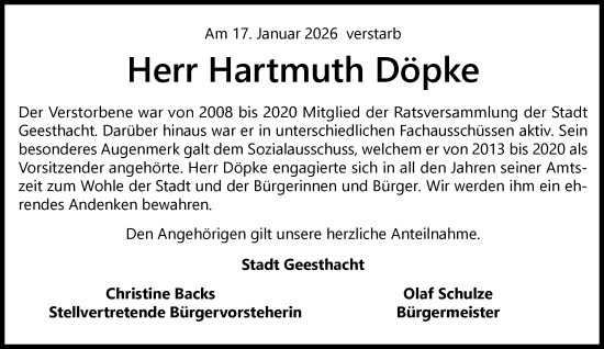 Traueranzeige von Hartmuth Döpke von Wochenend Anzeiger