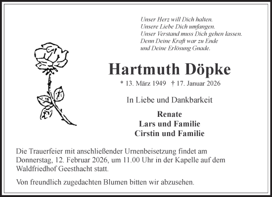 Traueranzeige von Hartmuth Döpke von Wochenend Anzeiger
