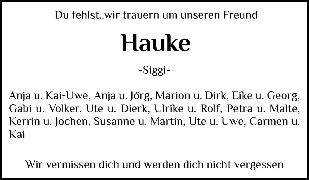  Traueranzeige für Hauke  vom 04.02.2026 aus Husumer Nachrichten, Nordfriesland Tageblatt