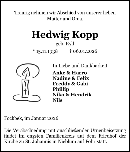 Traueranzeige von Hedwig Kopp von Schleswig-Holsteinische Landeszeitung