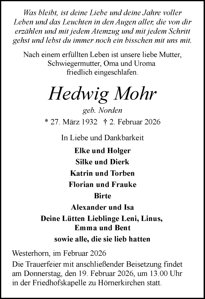  Traueranzeige für Hedwig Mohr vom 07.02.2026 aus Elmshorner Nachrichten, Barmstedter Zeitung