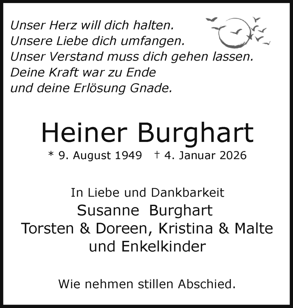  Traueranzeige für Heiner Burghart vom 24.01.2026 aus Uetersener Nachrichten, Der tip am Wochenende