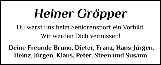 Traueranzeige von Heiner Gröpper von Flensburger Tageblatt