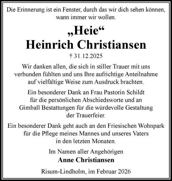 Traueranzeige von Heinrich Christiansen von Die WochenSchau Gesamtausgabe