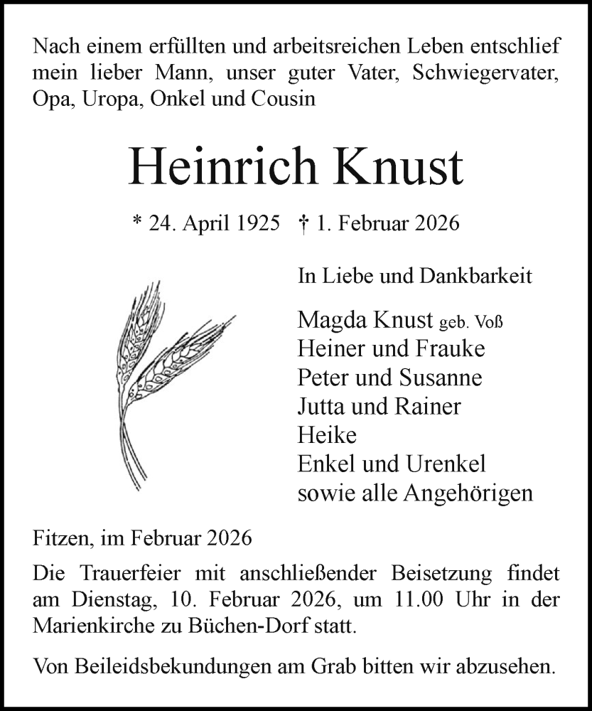  Traueranzeige für Heinrich Knust vom 07.02.2026 aus Wochenend Anzeiger