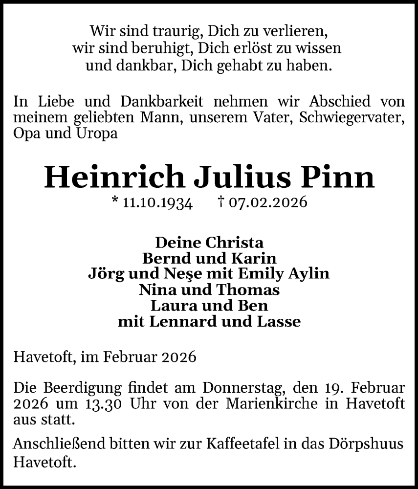  Traueranzeige für Heinrich Julius Pinn vom 14.02.2026 aus Flensburger Tageblatt, Schleswiger Nachrichten, Schlei-Bote