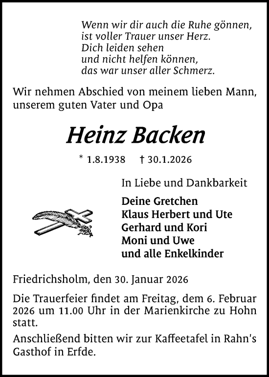 Traueranzeige von Heinz Backen von Schleswig-Holsteinische Landeszeitung