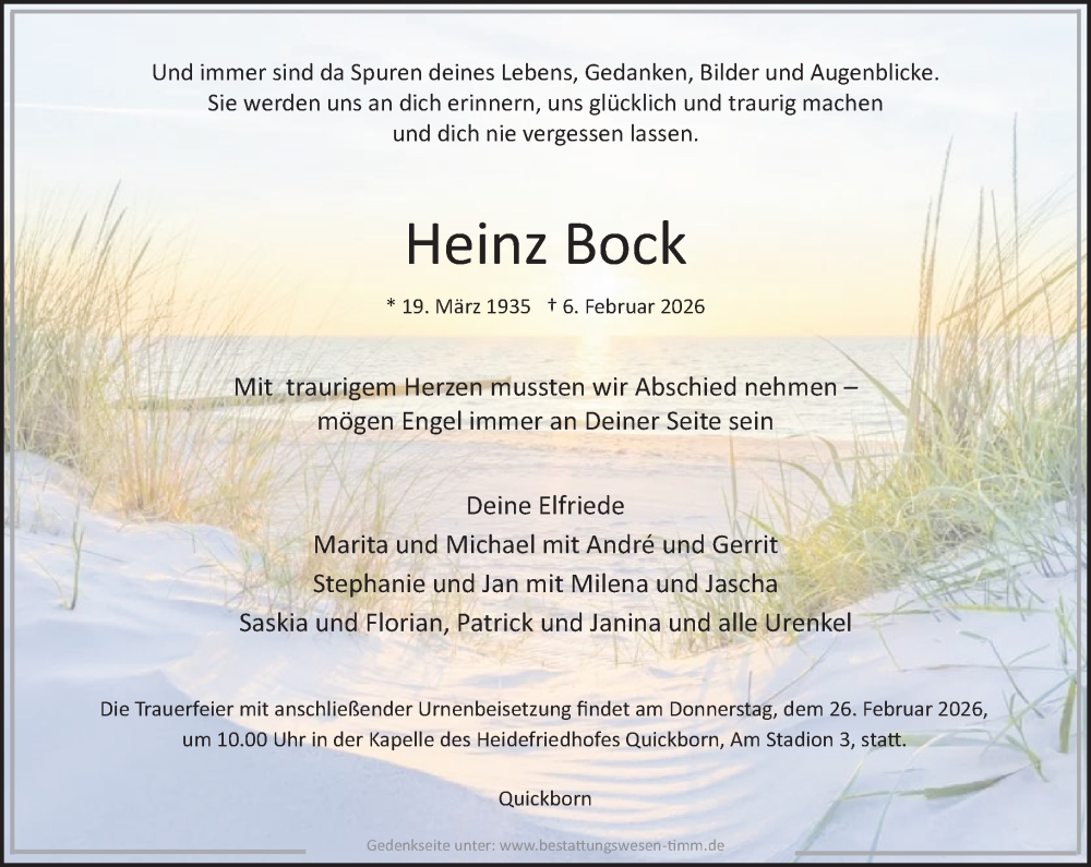  Traueranzeige für Heinz Bock vom 21.02.2026 aus Umschau