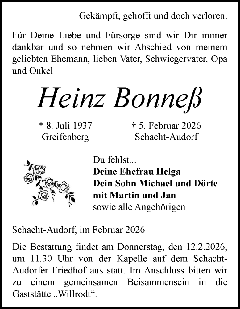  Traueranzeige für Heinz Bonneß vom 11.02.2026 aus Schleswig-Holsteinische Landeszeitung