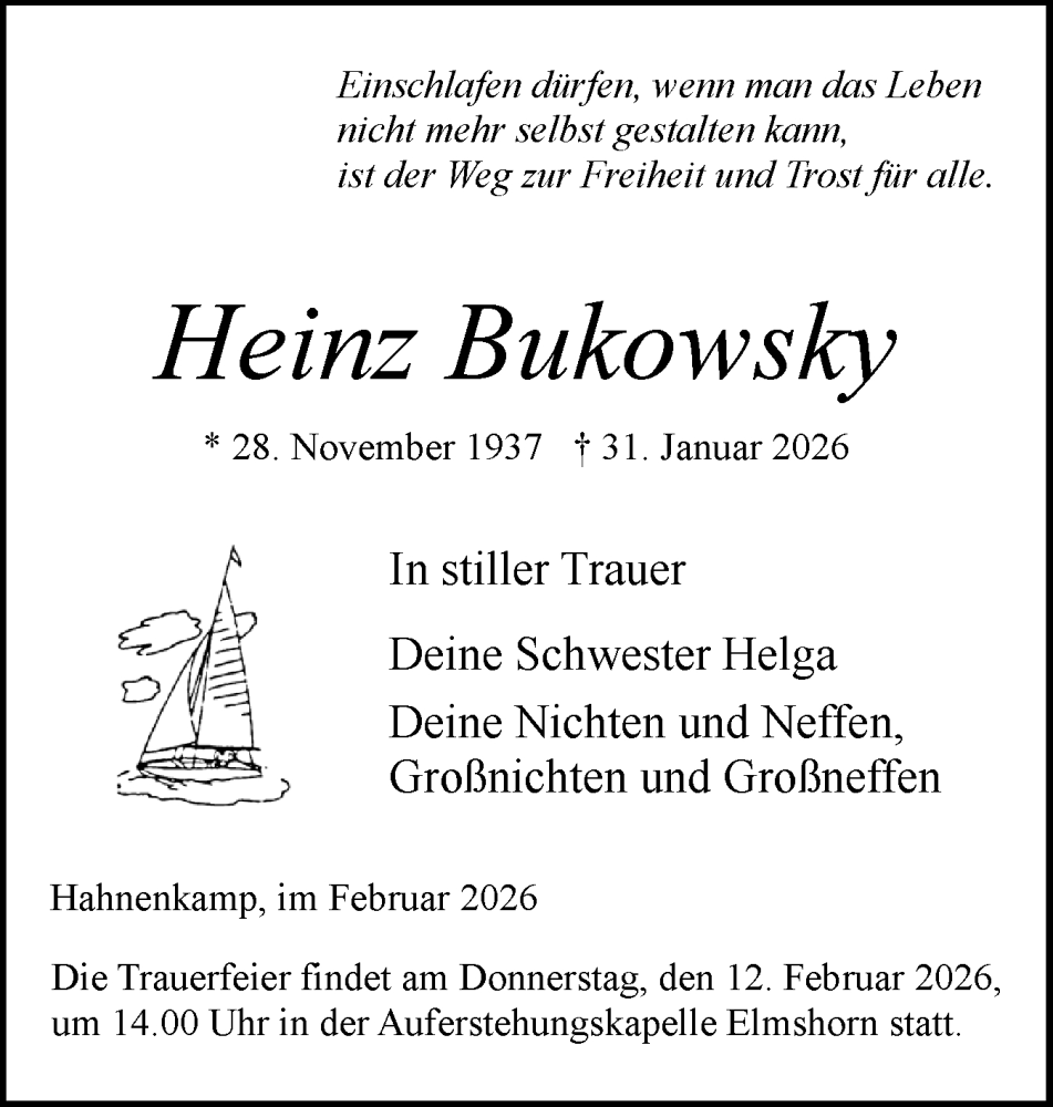  Traueranzeige für Heinz Bukowsky vom 07.02.2026 aus Elmshorner Nachrichten, Barmstedter Zeitung