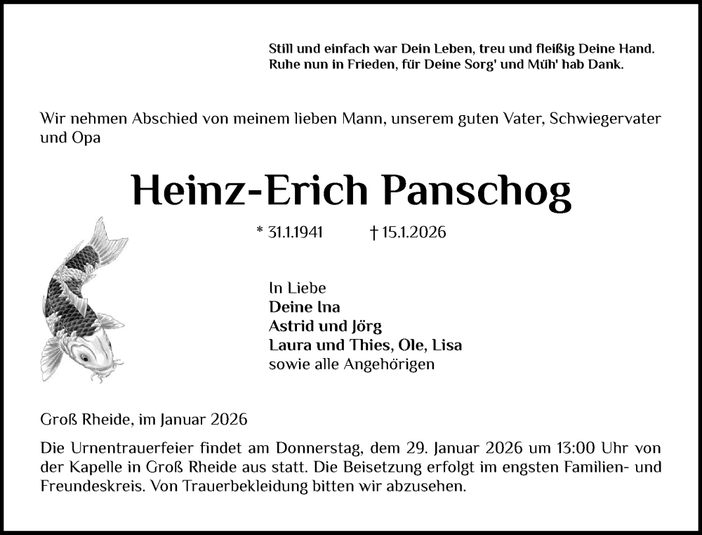  Traueranzeige für Heinz-Erich Panschog vom 24.01.2026 aus Schleswiger Nachrichten, Schlei-Bote