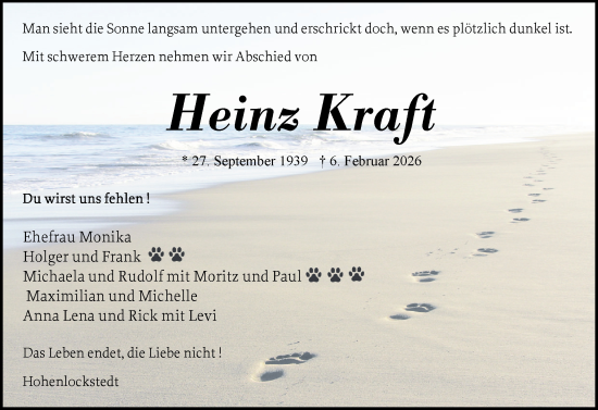 Traueranzeige von Heinz Kraft von Norddeutsche Rundschau, Wilstersche Zeitung, Glückstädter Fortuna