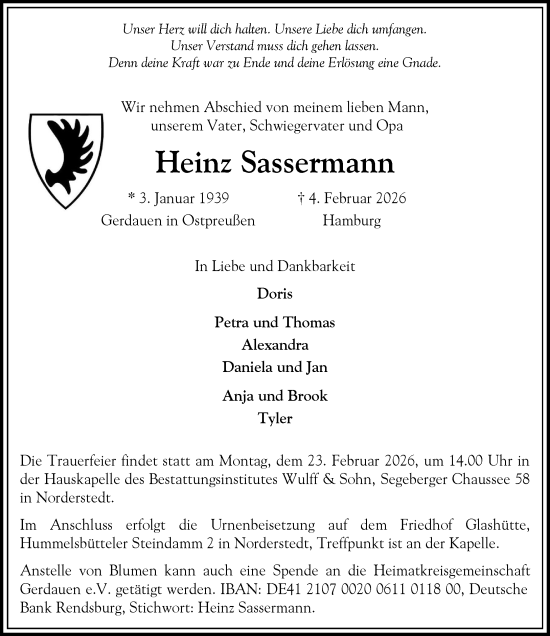 Traueranzeige von Heinz Sassermann von Heimatspiegel
