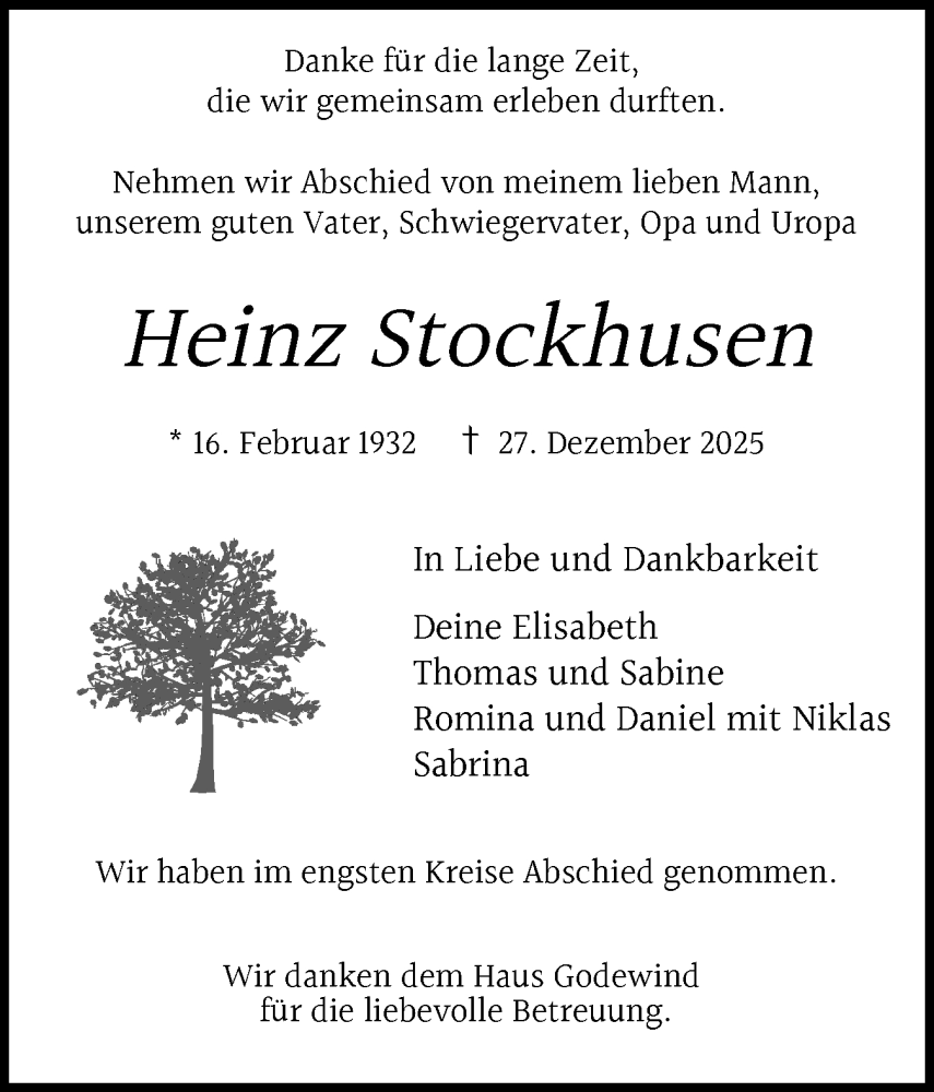  Traueranzeige für Heinz Stockhusen vom 07.02.2026 aus Elmshorner Nachrichten, Barmstedter Zeitung