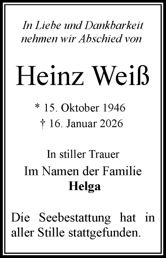 Traueranzeige von Heinz Weiß von MARKT Bad Oldesloe/Reinfeld und Stormarner Tageblatt