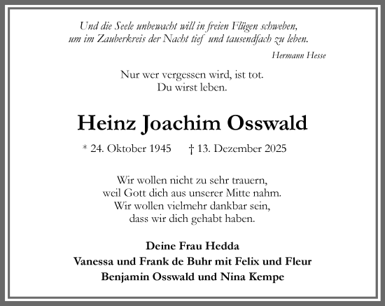 Traueranzeige von Heinz Joachim Osswald von Umschau