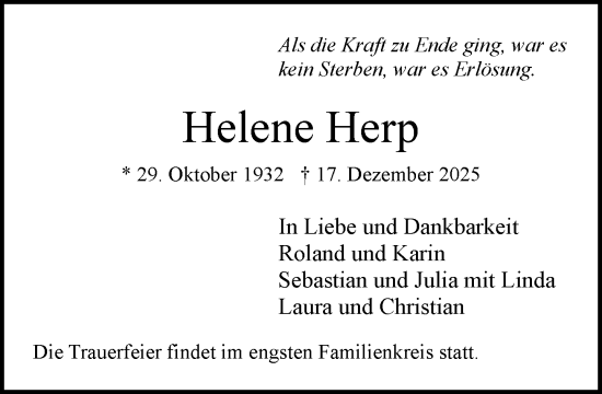 Traueranzeige von Helene Herp von MARKT Ratzeburg/Mölln