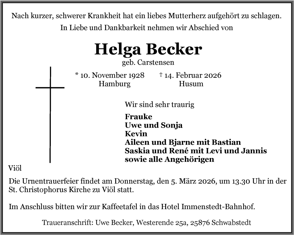  Traueranzeige für Helga Becker vom 21.02.2026 aus Husumer Nachrichten, Nordfriesland Tageblatt