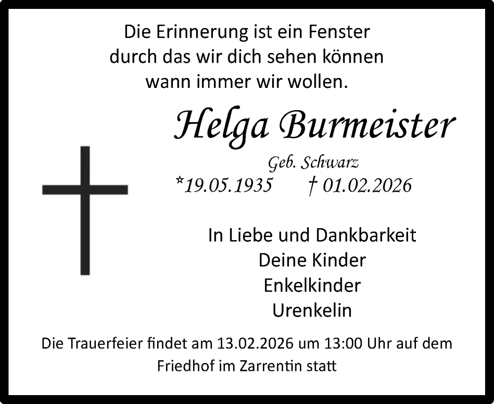  Traueranzeige für Helga Burmeister vom 07.02.2026 aus MARKT Ratzeburg/Mölln