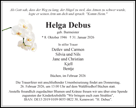 Traueranzeige von Helga Debus von Wochenend Anzeiger