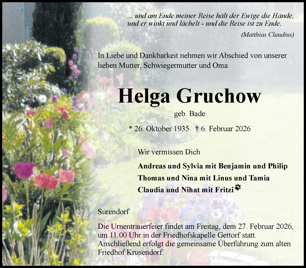  Traueranzeige für Helga Gruchow vom 21.02.2026 aus Eckernförder Zeitung, Hallo Eckernförde