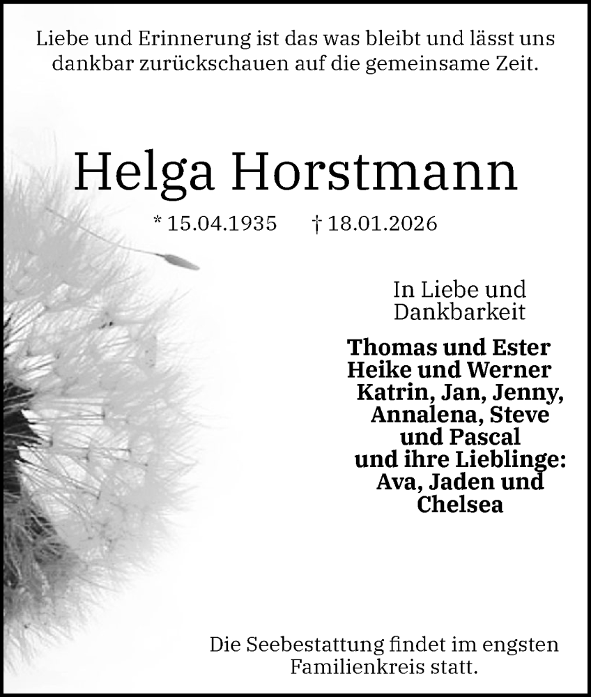  Traueranzeige für Helga Horstmann vom 24.01.2026 aus Elmshorner Nachrichten, Barmstedter Zeitung