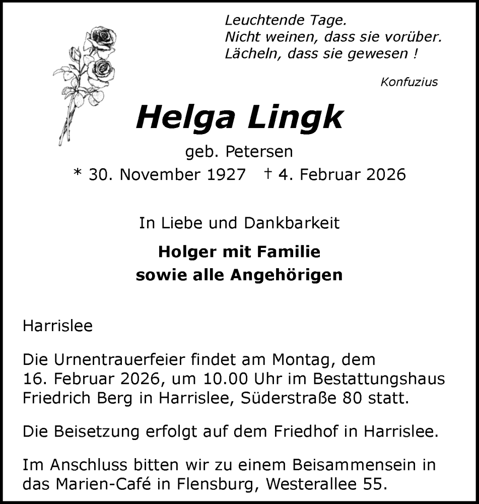  Traueranzeige für Helga Lingk vom 11.02.2026 aus Flensburger Tageblatt