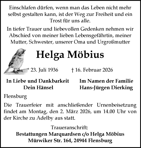 Traueranzeige von Helga Möbius von Flensburger Tageblatt