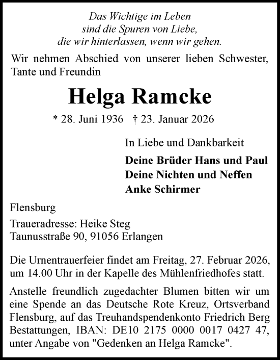 Traueranzeige von Helga Ramcke von Flensburger Tageblatt