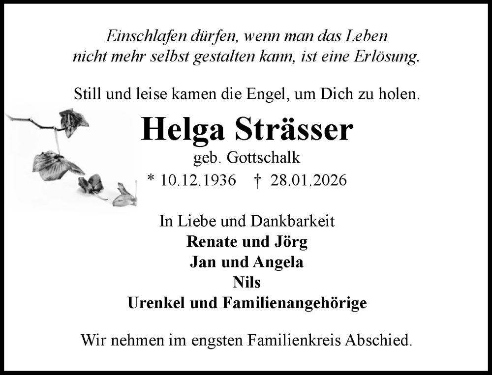  Traueranzeige für Helga Strässer vom 07.02.2026 aus Wochenend Anzeiger