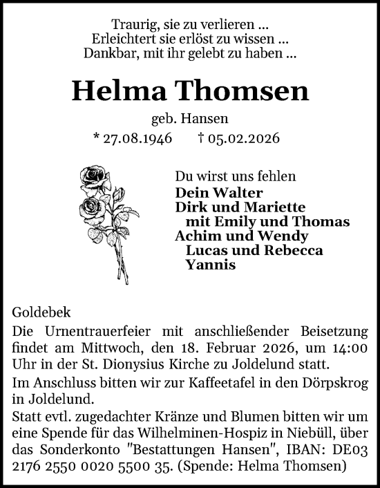 Traueranzeige von Helma Thomsen von Husumer Nachrichten, Nordfriesland Tageblatt