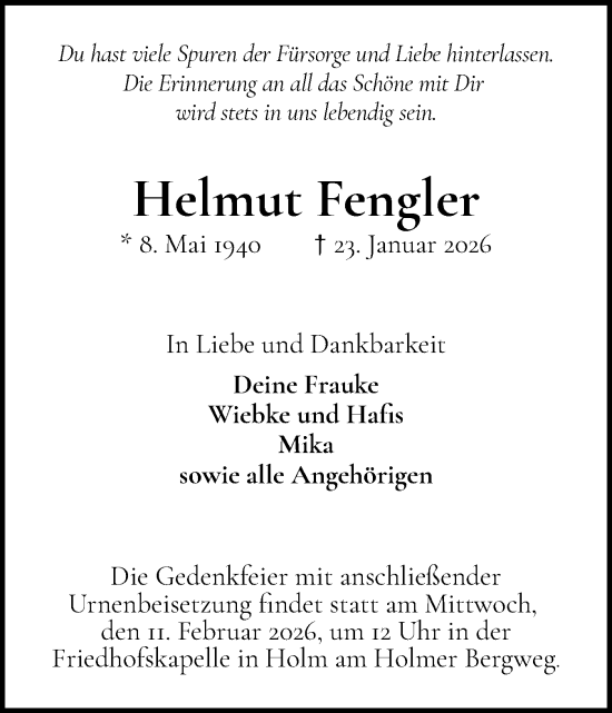 Traueranzeige von Helmut Fengler von Wedel-Schulauer Tageblatt, tip Wedel-Schulauer Tageblatt, tip Rissener Rundschau