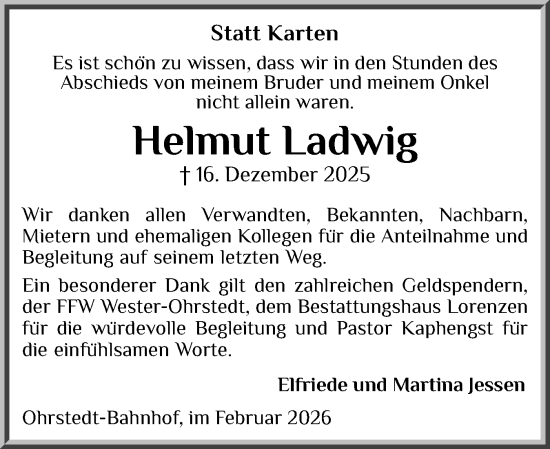 Traueranzeige von Helmut Ladwig von Husumer Nachrichten, Nordfriesland Tageblatt