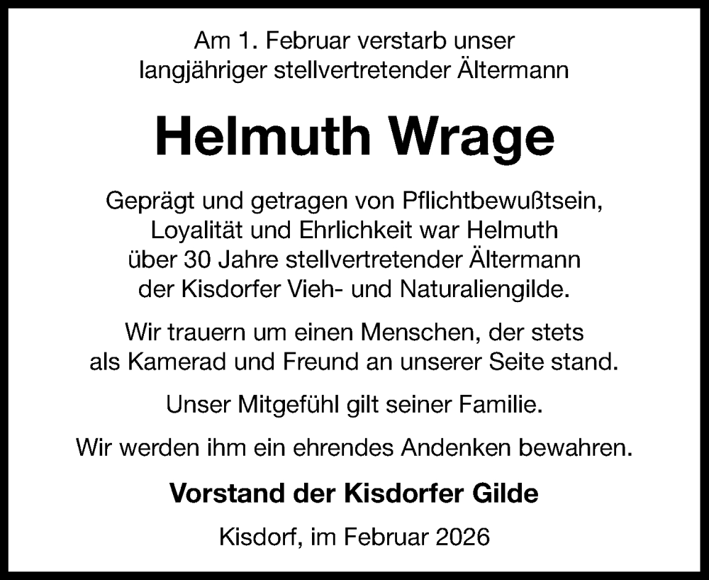  Traueranzeige für Helmuth Wrage vom 07.02.2026 aus Umschau