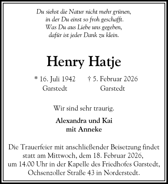 Traueranzeige von Henry Hatje von Heimatspiegel