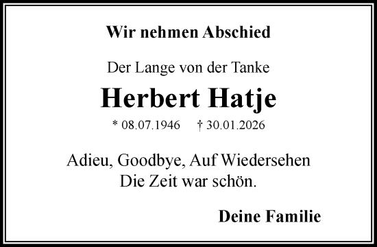 Traueranzeige von Herbert Hatje von Heimatspiegel