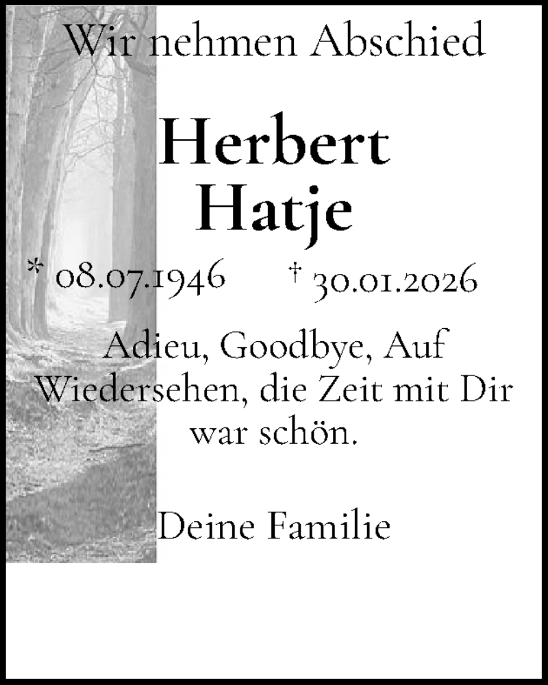 Traueranzeige für Herbert Hatje vom 05.02.2026 aus Region Pinneberg und tip Pinneberg
