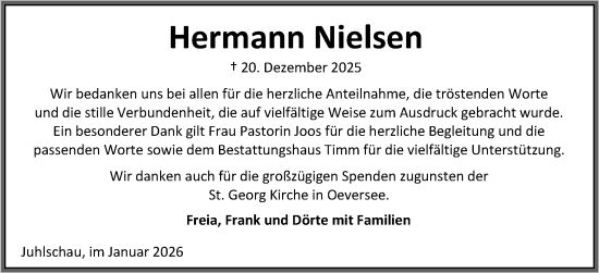 Traueranzeige von Hermann Nielsen von Flensburger Tageblatt, Schleswiger Nachrichten, Schlei-Bote