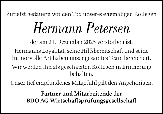 Traueranzeige von Hermann Petersen von Flensburger Tageblatt