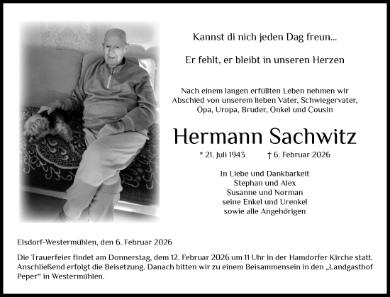 Traueranzeige von Hermann Sachwitz von Schleswig-Holsteinische Landeszeitung
